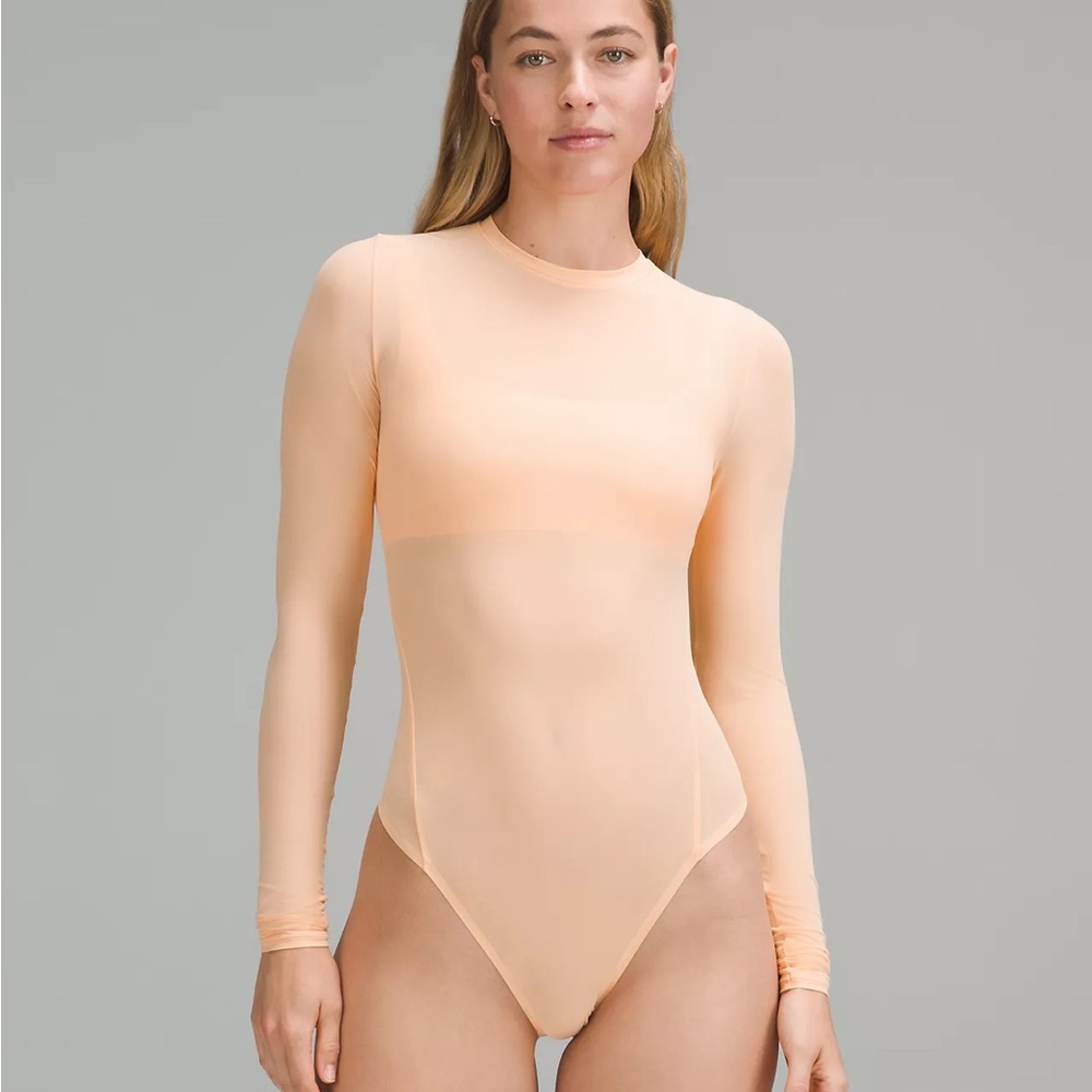 NEW Lululemon Wundermost Nulu Mesh Crewneck Bodysuit Thong Peach Bellini